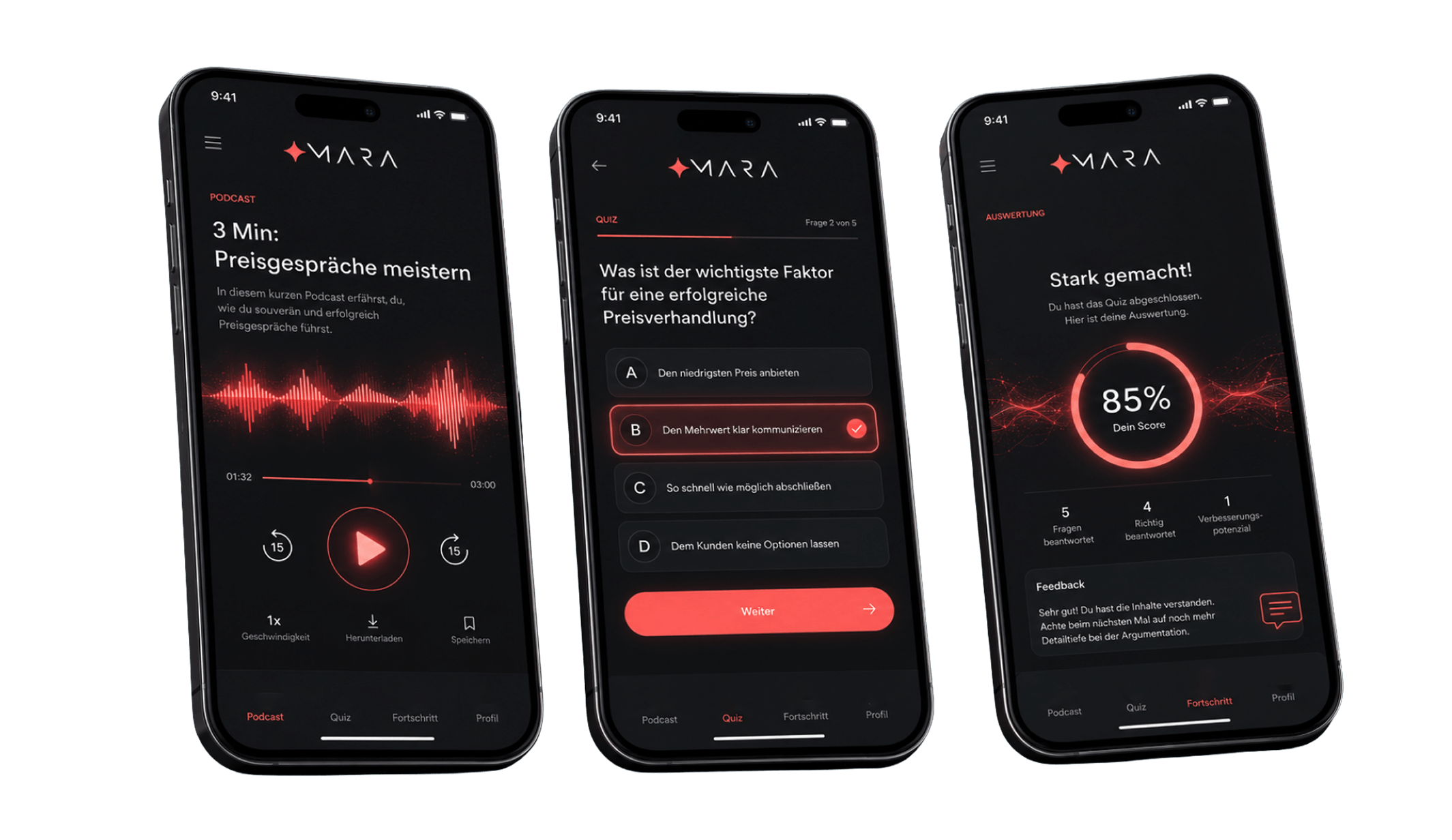 MARA auf drei Smartphones: Podcast, Quiz und Auswertung
